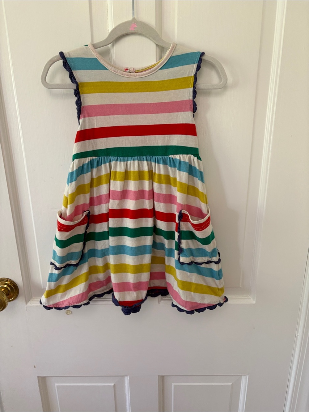 Mini Boden Rainbow Striped Sleeveless Dress with Navy Trim